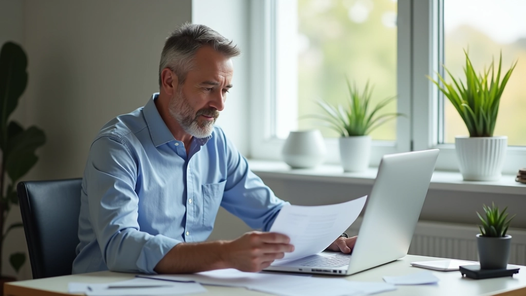 Person reviewing retirement strategy documents at home office desk with laptop and financial papers