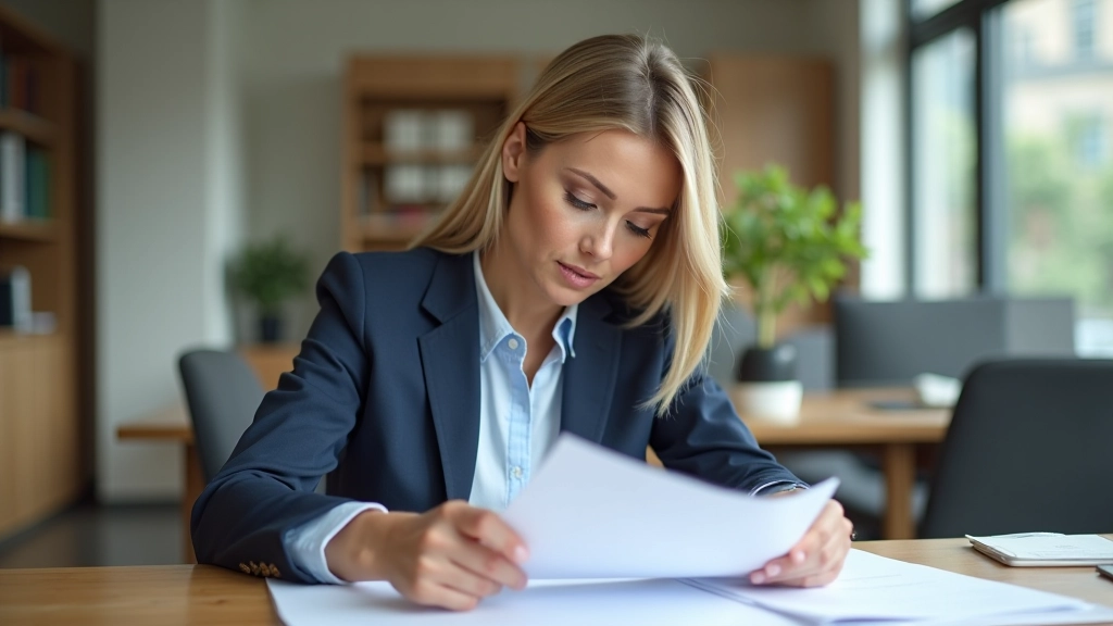 Woman reviewing savings goals and financial statements at a modern office desk